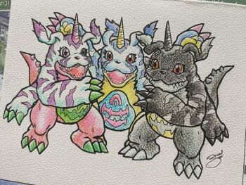 Rule 34 | claws, digimon, digimon (creature), gabumon, gabumon (black), horns, looking at viewer, psychemon, sharp teeth, tail, teeth, traditional media