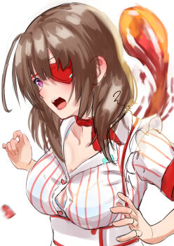 Rule 34 | 1girl, blue bra, blunt bangs, bob cut, bra, bra peek, breasts, brown hair, bursting breasts, button gap, buttons, cleavage, collarbone, collared shirt, commentary, downturned eyes, eyepatch, flying button, hair between eyes, hands up, heart, heart button, heart eyepatch, heaven burns red, highres, hiiragi kozue, hiiragi kozue (hop step slip!), hitodama, lips, looking at object, looking down, medium breasts, medium hair, motion blur, noir (nowaru), nose, official alternate costume, one eye covered, open mouth, popped button, purple eyes, shirt, short sleeves, signature, simple background, sketch, solo, striped clothes, striped shirt, teeth, underwear, upper body, upper teeth only, vertical-striped clothes, vertical-striped shirt, white background, white shirt