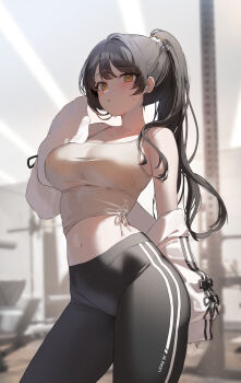 1girl bare_shoulders black_hair black_leggings blurry blurry_background breasts camisole closed_mouth commentary contrapposto cowboy_shot crop_top earpiece english_commentary hair_ornament hair_scrunchie hayan highres holding jacket large_breasts leggings long_hair long_sleeves looking_at_viewer midriff navel off_shoulder original parted_lips ponytail scrunchie shirt side-tie_shirt sleeveless sleeveless_shirt solo standing stomach sweat taut_clothes taut_shirt very_long_hair white_jacket white_shirt yellow_eyes