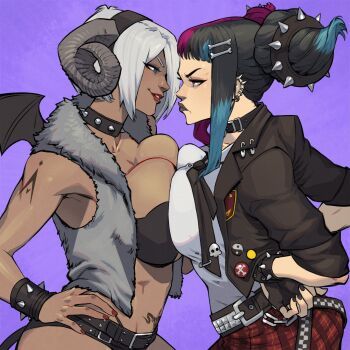Rule 34 | 2girls, absurdres, alternate color, angel (kof), asymmetrical docking, belt, black collar, black hair, black jacket, black nails, black necktie, blue hair, bone hair ornament, breast contest, breast press, breasts, clash of breasts (meme), collar, commentary request, confrontation, cowboy shot, danusko, demon horns, demon tail, demon wings, english text, face piercing, faceoff, fingerless gloves, fur jacket, gloves, grin, hair horns, hair ornament, han juri, hand on own hip, highres, horns, jacket, lip piercing, loose necktie, micro shorts, miniskirt, multicolored hair, multiple girls, necktie, official alternate costume, paint splatter, piercing, pink hair, plaid clothes, plaid skirt, pleated skirt, pubic tattoo, red hair, rivalry, safety pin, school uniform, second-party source, shorts, skirt, smile, sparkle, spiked collar, spikes, stare down, street fighter, street fighter v, tail, tan, tattoo, the king of fighters, white hair, wings, yin yang
