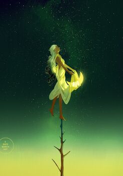 1girl backless_dress backless_outfit bare_arms bare_legs bare_shoulders bare_tree barefoot black_hair breasts clear_sky colored_tips crescent_moon dark-skinned_female dark_skin dress fantasy full_body gradient_hair gradient_sky green_sky half-closed_eyes loika long_dress long_hair looking_up median_furrow messy_hair moon multicolored_hair narrow_waist nebula on_tree original outdoors profile serious sideboob sky small_breasts solo standing star_(sky) starry_sky tree very_long_hair white_dress white_hair yellow_sky