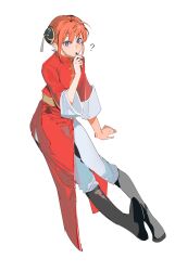 Rule 34 | 1girl, ?, black footwear, blue eyes, boots, bun cover, china dress, chinese clothes, commentary, confused, double bun, dress, eating, food in mouth, gintama, hair bun, highres, holding snack, kagura (gintama), long sleeves, looking at viewer, orange hair, red dress, seaweed, short hair, simple background, solardark09, solo, symbol-only commentary, white background, wide sleeves