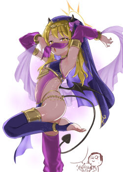 1boy 1girl alternate_costume arabian_clothes armpits arms_up bare_shoulders black_horns black_tail black_wings blonde_hair blue_archive blush bracer breasts circlet dancer dancing demon_girl demon_horns demon_tail demon_wings detached_sleeves doodle_sensei_(blue_archive) feet flat_chest foot_out_of_frame halo harem_outfit harem_pants head_chain highres horns ibuki_(blue_archive) jewelry loli long_hair looking_at_viewer low_wings mouth_veil multiple_girls navel open_mouth pants purple_thighhighs revealing_clothes see-through_clothes sensei_(blue_archive) shirt simple_background small_breasts solo_focus standing standing_on_one_leg stirrup_legwear tail thighhighs toeless_legwear toes veil white_background white_shirt wings yellow_eyes yellow_halo zaxwu