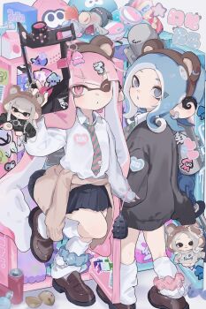 .52_gal_(splatoon) 2girls animal_ears ankle_scrunchie bag bear_ears black_skirt black_sweater blue_eyes blue_hair blue_scrunchie blunt_bangs blush bow brown_footwear brown_hairband brown_sweater bulging_eyes can chain character_doll charm_(object) chips_(food) closed_eyes closed_mouth clothes_around_waist clothes_writing collared_shirt colored_sclera cross doll drink drinking_straw e-liter_4k_(splatoon) earrings fake_animal_ears female_focus fish flat_chest food forehead from_behind gashapon hair_ornament hairband hairclip hand_up heart highres holding holding_weapon inkling inkling_(language) inkling_girl inkling_player_character jellyfish_(splatoon) jewelry kneepits latin_cross leg_up light_blush locker long_hair long_sleeves looking_up loose_socks lying matching_hair/eyes milk_carton miniskirt mohawk multiple_girls necktie nintendo nose_bubble octoling octoling_girl octoling_player_character on_stomach one_eye_closed open_mouth pink_bow pink_eyes pink_hair pink_necktie plastic_bag pleated_skirt pointy_ears potato_chips red_eyes red_hair school_uniform scrunchie shirt shoes short_hair sidelocks single_earring single_tooth skirt sleeping smallfry_(splatoon) socks splatoon_(series) splatoon_3 standing standing_on_one_leg star_(symbol) sticker strawberry_milk striped_necktie suction_cups sweater sweater_around_waist tentacle_hair tentacles twintails u_u unitoon v-shaped_eyebrows very_long_hair weapon white_shirt white_socks yellow_sclera