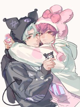 2boys absurdres animal_ear_headwear bamby_(plave) black_jacket bow closed_mouth eunho_(plave) fake_animal_ears fqdyy hair_between_eyes heart highres hood hoodie hug jacket k-pop kuromi long_sleeves looking_at_viewer male_focus multiple_boys my_melody onegai_my_melody parted_bangs pink_bow pink_eyes pink_hair plave red_eyes sanrio short_hair simple_background smile upper_body white_background white_hair white_hoodie