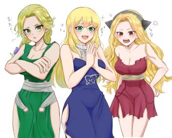 3girls bare_shoulders blonde_hair blue_dress blush braid breasts chinoko910 cleavage crossed_arms dr._stone dress green_dress green_eyes hanada_nikki hand_on_own_hip highres hokutouzai_minami large_breasts long_hair looking_at_viewer multiple_girls open_mouth own_hands_together red_dress red_eyes ruri_(dr._stone) smile strapless strapless_dress torn_clothes twin_braids white_background