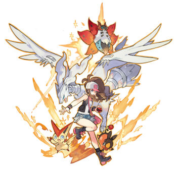 1girl baseball_cap black_vest blue_eyes breasts brown_hair denim denim_shorts dragon fire gen_5_pokemon hat high_ponytail hilda_(pokemon) legendary_pokemon long_hair looking_at_viewer mythical_pokemon nintendo open_mouth pokemon pokemon_(creature) pokemon_bw ponytail reshiram shirt shorts sidelocks smile solo starshadowmagician tepig vest victini volcarona white_shirt wristband