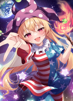 1girl :d american_flag_dress american_flag_legwear blonde_hair clownpiece commentary_request cowboy_shot earth_(planet) fire gyaru_v hat highres holding holding_torch horizontal-striped_dress jester_cap long_hair looking_at_viewer miy@ neck_ruff open_mouth pantyhose planet polka_dot_hat polka_dot_headwear purple_hat red_eyes smile solo star_(sky) star_(symbol) torch touhou v very_long_hair watermark