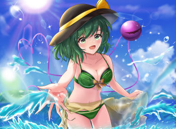 1girl alternate_costume bikini black_hat blue_sky breasts cloud cloudy_sky collarbone commentary day gegezaki_26 green_bikini green_eyes green_hair halterneck hat highres komeiji_koishi lens_flare looking_at_viewer navel open_mouth outdoors reaching reaching_towards_viewer sarong sky solo summer sunlight swimsuit third_eye touhou wading water water_drop yellow_sarong