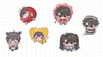 Rule 34 | 2boys, black eyes, black hair, blush, character request, chibi, chibi only, cosplay, costume, demon horns, elephant, full body, grid background, hashtag-only commentary, hatsune miku, hatsune miku (cosplay), highres, horns, kim dokja, maid, male focus, multiple boys, multiple views, omniscient reader's viewpoint, one eye closed, serious, short hair, sparkling eyes, standing, tomato, toupou39, two side up, yoo joonghyuk