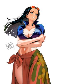 Rule 34 | 1girl, absurdres, artist name, black hair, blue eyes, blue jacket, breasts, cleavage, commentary, cropped jacket, crossed arms, english commentary, eyewear on head, floating hair, goldenfoxx, grin, highres, jacket, large breasts, long hair, navel, nico robin, one piece, orange-tinted eyewear, pink sarong, sarong, smile, solo, sunglasses, tinted eyewear