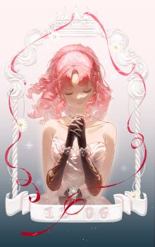 Rule 34 | 1girl, absurdres, beads, birthday, birthday cake, blush, bracelet, breasts, brown gloves, cake, candle, chrysanthemum, cleavage, closed eyes, collarbone, curly hair, dated, dress, eyelashes, fire, flower, food, gem, gloves, gradient background, highres, jewelry, lips, nikki (nikki), nikki (series), ornate, own hands clasped, own hands together, parted bangs, pearl (gemstone), pink background, pink dress, pink hair, pink ribbon, red ribbon, ribbon, shuise shuilian, smile, solo, strapless, strapless dress, tiara, upper body, white flower