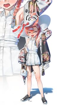 1girl :o absurdres ahoge alternate_costume armpit_focus armpits asymmetrical_bangs bag bandaid bandaid_on_leg bare_legs bare_shoulders bike_shorts black_shoes blue_archive blush braid breasts commentary dress earrings fang handbag hat highres holding holding_bag jacket jacket_on_shoulders jewelry legs looking_at_viewer mole mole_under_each_eye mole_under_eye multiple_moles neru_(blue_archive) open_clothes open_jacket orange_hair outline shoes short_hair single_braid sleeveless sleeveless_dress small_breasts stud_earrings sukajan sun_hat sweat walking_nakta white_dress white_hat white_outline zoom_layer