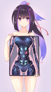 1girl absurdres android artistic_error blush empty_eyes highres holding karasuba_(prima_doll) lights looking_at_viewer machine mechabare metal multicolored_hair nude prima_doll_(anime) purple_eyes rasen_manga ribbon robot_girl simple_background skeleton solo static_eyes x-ray