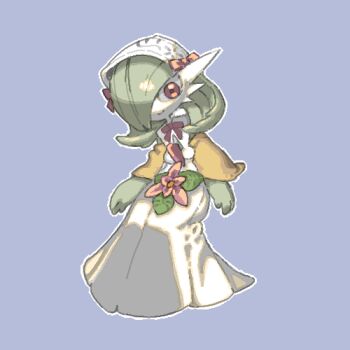 1girl arms_at_sides blue_background bob_cut bow bowtie capelet closed_mouth clothed_pokemon colored_skin detached_collar female_focus flower full_body gardevoir gen_3_pokemon green_hair green_skin hair_bow hair_over_one_eye happy head_tilt headscarf invisible_chair looking_at_viewer medium_hair multicolored_skin nintendo one_eye_covered outline oyama_yoihaya pink_flower pokemon pokemon_(creature) pom_pom_(clothes) red_bow red_bowtie red_eyes simple_background sitting smile solo two-tone_skin white_headscarf white_outline white_skin yellow_capelet