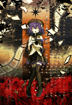 1girl absurdres bare_shoulders beret black_boots black_hat black_skirt blue_hair boots camera closed_eyes detached_sleeves facing_viewer field film_strip flower flower_field full_body hat highres holding holding_camera knees_together_feet_apart miniskirt red_flower short_hair skirt solo spider_lily thigh_boots unagizaka_gohan urami_koushin_(utau) utane_uta utau variant_set