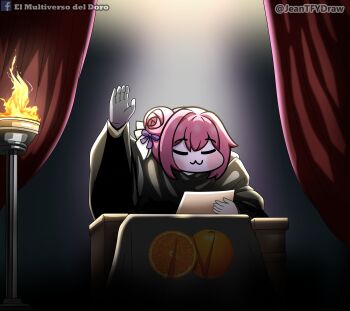 1girl :3 absurdres arm_up black_cape blush cape closed_eyes closed_mouth commentary_request doro_(nikke) facebook_logo fire goddess_of_victory:_nikke hair_bun hair_intakes highres holding holding_paper jeantfydraw paper pink_hair smile solo spanish_commentary twitter_username