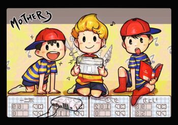3boys artist_request black_hair blonde_hair blue_shorts blush_stickers book child controller game_console game_controller handheld_game_console hat lucas_(mother_3) male male_focus mother_(series) mother_2 mother_3 multiple_boys ness ness_(mother_2) ninten nintendo open_mouth playing_videogame red_headwear shirt short_sleeves shorts shota sideways_hat sitting smile socks striped striped_clothes striped_shirt super_smash_bros. wii_u