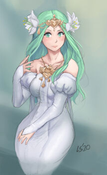 1girl bare_shoulders breasts closed_mouth collarbone commentary dress english_commentary fire_emblem fire_emblem:_three_houses flower green_eyes green_hair hair_flower hair_ornament kaphrin large_breasts long_hair medium_breasts nintendo rhea_(fire_emblem) solo white_dress wide_hips