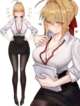 1girl absurdres ahoge black_skirt blonde_hair blush braid breasts brown_pantyhose closed_eyes collared_shirt fate/extra fate_(series) full_body green_eyes hair_bun hair_intakes hair_ribbon high_heels highres id_card lanyard large_breasts long_hair long_sleeves looking_at_viewer multiple_views nero_claudius_(fate) office_lady one_eye_closed pantyhose paper pencil_skirt red_ribbon ribbon shirt skirt smile white_shirt yotsutsu428