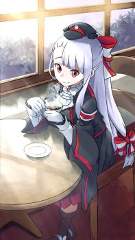 1girl ascot black_hat bow case-k commentary_request drinking from_above hat highres kiko_(rail_romanesque) long_hair long_sleeves looking_at_viewer plate rail_romanesque red_eyes sitting smile solo striped_bow table white_ascot white_hair wide_sleeves window