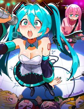 6+girls aqua_hair aqua_nails arm_tattoo black_skirt blonde_hair bocchi_the_rock! boots breasts cleavage closed_eyes commentary crossover cube_hair_ornament detached_sleeves english_commentary flying_sweatdrops from_above gotoh_hitori guitar hair_between_eyes hair_ornament hatsune_miku heart heart-shaped_pupils highres hiroi_kikuri holding holding_guitar holding_instrument holding_microphone ijichi_nijika instrument jacket kita_ikuyo long_hair long_sleeves medium_breasts microphone multiple_girls nail_polish no_pupils number_tattoo open_mouth pants patreon_username pink_hair pink_jacket pink_pants pleated_skirt purple_hair pussy_juice red_hair sharp_teeth skirt snegovski standing sweat symbol-shaped_pupils tattoo teeth tile_floor tiles track_jacket track_suit twintails very_long_hair vocaloid