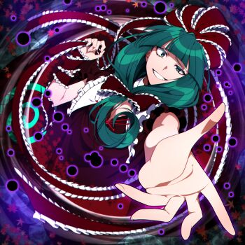 1girl absurdres arm_ribbon beckoning bow breasts cleavage collared_dress commission commissioner_upload dress foreshortening frilled_bow frilled_ribbon frills front_ponytail green_eyes green_hair highres kagiyama_hina kamenozoki_momomo leaf leaf_print looking_up maple_leaf maple_leaf_print non-web_source offering_hand open_hand outstretched_arm outstretched_hand print_dress reaching reaching_towards_viewer red_dress ribbon smile solo teeth touhou