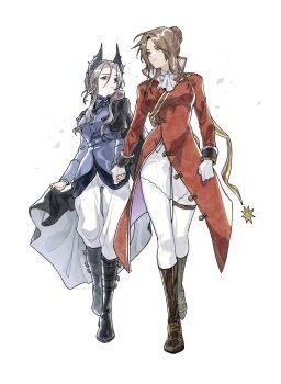 2girls absurdres artist_request ascot black_boots black_cape blue_eyes blue_jacket boots braid braided_bun brown_boots brown_hair cape cape_hold coat commission full_body girls&#039;_frontline gloves grey_eyes grey_hair hair_bun hair_ornament highres holding_hands jacket lee-enfield_(girls&#039;_frontline) long_hair looking_at_viewer military_uniform multiple_girls pants pants_tucked_in red_coat reverse:1999 second-party_source sentinel_(reverse:1999) side_cape walking white_ascot white_gloves white_pants