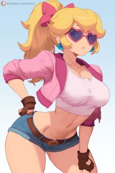 1girl belt blonde_hair blue_shorts boots bow breasts brown_belt brown_gloves cleavage commentary crop_top cropped_jacket denim denim_shorts earrings gloves hand_on_leg hand_on_own_hip hand_on_own_leg hand_on_own_thigh heart heart-shaped_eyewear highres jacket jewelry large_breasts long_hair looking_at_viewer mario_(series) mario_kart mario_kart_world midriff motor_vehicle motorcycle navel nintendo on_motorcycle open_clothes open_jacket partially_open_jacket patreon_username pink_boots pink_bow pink_jacket ponytail princess_peach princess_peach_(touring) shorts simple_background solo sphere_earrings tank_top thighs toned white_tank_top zelc-face
