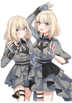 2girls absurdres alternate_eye_color arm_up bang_dream! bang_dream!_it's_mygo!!!!! blonde_hair blush closed_mouth commentary_request fingerless_gloves flower_stand_art gloves grey_gloves grey_jacket grey_shorts hair_between_eyes hanetsuka highres jacket looking_at_viewer medium_hair misumi_uika mole mole_above_mouth multiple_girls open_mouth purple_eyes sasaki_rico_(voice_actor) shorts simple_background thigh_strap voice_actor voice_actor_connection white_background