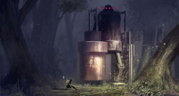 1girl 2b_(nier:automata) absurdres back_cutout bird boots breasts bush clothing_cutout fighting_stance forest from_behind glowing glowing_eyes highres holding holding_sword holding_weapon juliet_sleeves katana long_sleeves monolith_(virtual_illust) nature nier:automata nier_(series) plant pod_(nier:automata) puffy_sleeves red_eyes robot scenery short_hair silhouette solo squatting sword tree virtuous_contract weapon white_hair wide_shot