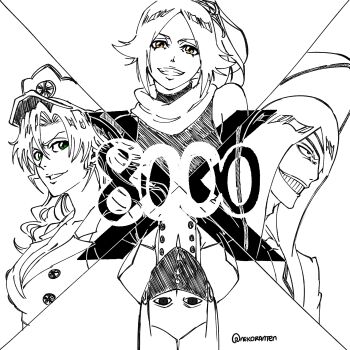 2boys 2girls absurdres as_nodt bleach bleach:_sennen_kessen-hen breasts candice_catnipp cleavage espada green_eyes hat highres large_breasts long_hair multiple_boys multiple_girls nekoranten nnoitra_gilga peaked_cap ponytail quincy_(bleach) shihouin_yoruichi smile yellow_eyes