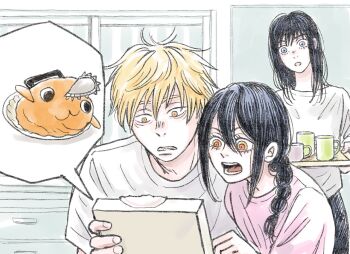 1boy alternate_costume black_hair blue_eyes braid chainsaw_man couple denji_(chainsaw_man) family hair_between_eyes highres long_hair long_sleeves mamaron88 mitaka_asa nayuta_(chainsaw_man) open_mouth pochita_(chainsaw_man) shirt single_braid white_shirt yellow_eyes