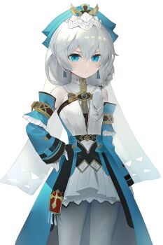 1girl absurdres baiser3rd blue_eyes blue_sleeves braid detached_sleeves dress gloves grey_hair grey_pantyhose hair_between_eyes hand_on_own_hip highres honkai_(series) honkai_impact_3rd long_sleeves looking_at_viewer pantyhose pleated_dress simple_background sleeveless sleeveless_dress solo theresa_apocalypse theresa_apocalypse_(astralop) white_background white_dress white_gloves