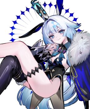 1girl animal_ears black_leotard black_thighhighs blue_eyes blue_hair breasts cape cerydra_(honkai:_star_rail) commentary_request crossed_legs crown fake_animal_ears fur-trimmed_cape fur_trim hair_intakes highres honkai:_star_rail honkai_(series) leotard long_hair looking_at_viewer playboy_bunny rabbit_ears shizakiya simple_background single_thighhigh small_breasts solo thighhighs very_long_hair