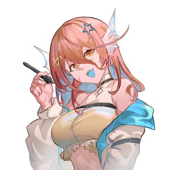 1girl aqua_jacket arm_belt bare_shoulders belt black_belt blue_hair blue_tongue breasts brown_jacket colored_inner_hair colored_tongue commentary commission fingernails fins hair_between_eyes hair_ornament hand_up head_fins highres holding holding_pen indie_virtual_youtuber jacket large_breasts looking_at_viewer multicolored_hair multicolored_jacket naoel_(naoel_art) off_shoulder pen poppin_pom_(vtuber) red_hair second-party_source simple_background solo star_(symbol) star_hair_ornament textless_version tongue tongue_out two-tone_hair two-tone_jacket upper_body vgen_commission white_background yellow_eyes zipper