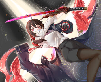 1girl ahoge black_coat black_shorts boots breasts brown_hair brown_pantyhose capcom card_in_mouth cinders coat cropped crossover demon_wings devil_bringer devil_may_cry_(series) devil_trigger dress_shirt enma-chan falling full_body gauntlets glowing highres holding holding_sword holding_weapon hololive hololive_english id_card katana looking_to_the_side medium_breasts mouth_hold multicolored_hair oni_gauntlet onimusha pantyhose photo_background red_eyes red_hair red_sword reference_request removing_coat shirt shorts sleeves_rolled_up solo star_(symbol) star_symbol_background sword two-tone_hair uhen virtual_youtuber weapon white_shirt wings