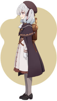 1girl anime_coloring ascot belt beret black_shoes blush brown_background brown_belt brown_cloak brown_hat brown_ribbon cloak collared_cloak dress frilled_dress frills from_side full_body gloves grey_hair grey_pantyhose hair_ribbon hat lack loafers long_hair long_sleeves official_art open_mouth pantyhose parted_lips prima_doll_(anime) profile red_eyes retzel_(prima_doll) ribbon shoes smile solo standing twintails two-tone_background white_ascot white_background white_dress white_gloves
