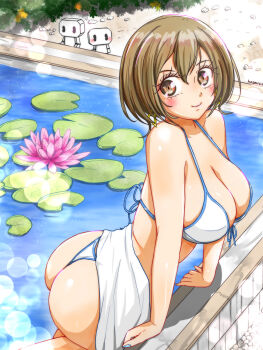 Rule 34 | 1girl, ass, bikini, breasts, commentary request, highres, kazm00, looking at viewer, meiko (vocaloid), pool, project sekai, shiny skin, short hair, shy, swimsuit, towel, vocaloid
