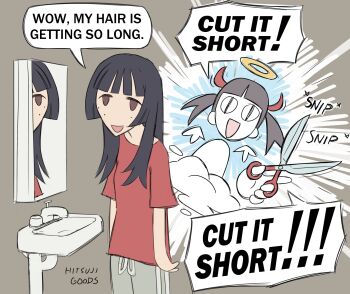 <|>_<|> 2girls artist_name artist_self-insert black_hair blunt_bangs brown_eyes commentary defcon_(hitsujigoods) demon_horns english_commentary english_text freckles halo highres hitsuji_(hitsujigoods) hitsuji_(hitsujigoods)_(character) holding holding_scissors horns mirror multiple_girls open_mouth original red_shirt scissors shirt signature sink smile t-shirt twintails