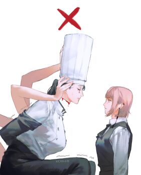 2girls apron arthropod_limbs artist_name black_apron black_hair blood blood_drip blood_from_mouth bloody_tears chainsaw_man chef chef_hat closed_mouth collared_shirt couple disembodied_head dress earrings extra_arms falling_devil_(chainsaw_man) fami_(chainsaw_man) flat_top_chef_hat fourth_east_high_school_uniform hat highres holding_detached_head jewelry keibleh long_arms long_hair mole mole_under_eye mole_under_mouth multiple_girls multiple_moles neck_ribbon pinafore_dress ribbon ringed_eyes school_uniform severed_head shirt short_hair sidelocks simple_background sleeveless sleeveless_dress tassel tassel_earrings upper_body white_background white_shirt yuri