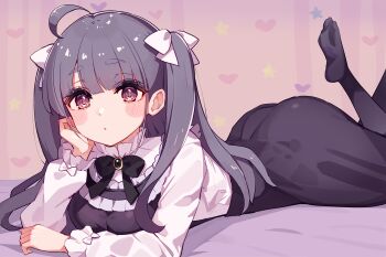 1girl absurdres ass black_bow blush bow chofu_noriko commentary_request cream_(nipakupa) dress feet gradient_background hair_bow heart highres ikizulive!_love_live!_bluebird long_hair long_sleeves looking_at_viewer love_live! lying on_stomach pinafore_dress purple_dress purple_eyes purple_hair shirt sleeveless sleeveless_dress solo star_(symbol) the_pose twintails white_bow white_shirt