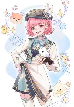 1girl ambird_(infinity_nikki) animal aqua_bow aqua_bowtie aqua_skirt baby_animal beret bib_collar bird bird_on_hand black_gloves black_shirt blue_background blue_flower blunt_bangs border bow bowtie brown_hat buttons checkered_hat chick chinese_commentary coat collared_coat collared_shirt colored_lapels commentary_request cowboy_shot daisy_(flower) dog duck eyelashes fingerless_gloves floof_(infinity_nikki) flower frilled_shirt_collar frills gifty_(nikki) gloves hand_on_own_hip hat hat_feather head_only high_collar highres infinity_nikki lapel_pin lapels long_sleeves looking_at_viewer meadow_symphony_(infinity_nikki) miniskirt musical_note musical_staff nikki_(nikki) nikki_(series) notched_lapels open_mouth outline outside_border pink_eyes pink_hair pleated_skirt puffy_long_sleeves puffy_sleeves ribbed_thighhighs shiba_inu shirt short_hair skirt smile solo sparkle standing teeth thighhighs upper_teeth_only wavy_hair white_border white_coat white_flower white_outline white_thighhighs yanyi20232