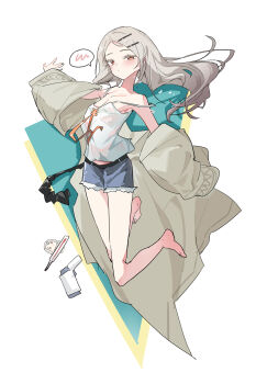 1girl absurdres bare_legs barefoot blush breasts camisole chibigurumi colored_eyelashes commentary_request denim denim_shorts double_strap_slip full_body gakuen_idolmaster grey_hair grey_robe highres idolmaster legs_folded long_hair looking_at_viewer orange_eyes robe roro1515 shinosawa_hiro short_shorts shorts small_breasts solo spoken_blush very_long_hair white_camisole