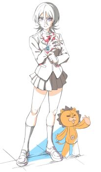 Rule 34 | 1boy, 1girl, black hair, bleach, collared shirt, commentary, fingerless gloves, full body, gloves, jacket, karakura high school uniform, kon (bleach), kuchiki rukia, neck ribbon, parted lips, pleated skirt, purple eyes, putting on gloves, ribbon, school uniform, shaolong, shirt, single fingerless glove, single glove, skirt, socks, standing, stuffed animal, stuffed lion, stuffed toy, unfinished