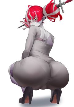 Rule 34 | 1girl, absurdres, ass, colored skin, dongtan dress, double bun, dress, from behind, grey dress, grey hair, grey skin, hair bun, heterochromia, highres, hololive, hololive indonesia, kureiji ollie, long hair, looking at viewer, looking back, mismatched pupils, multicolored hair, multicolored skin, object through head, open mouth, pantylines, patchwork skin, pencil dress, pink hair, red eyes, red hair, simple background, solo, spread legs, squatting, stitched face, stitched leg, stitched torso, stitches, sword in head, symbol-shaped pupils, taut clothes, thanaphondeech1, tight clothes, tight dress, virtual youtuber, white background, x-shaped pupils, yellow eyes, zombie