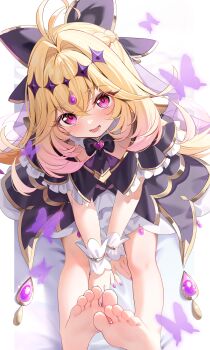 1girl absurdres antenna_hair barefoot black_capelet blonde_hair blush breasts brooch bug butterfly capelet cure_arcana_shadow diamond_hairband feet foot_focus foreshortening frilled_capelet frilled_cuffs frills gold_trim hair_intakes heart heart_brooch highres insect jewelry long_hair looking_at_viewer meitantei_precure! moria_luluka nahaki open_mouth precure purple_butterfly purple_eyes purple_nails purple_veil sitting smile soles solo toes veil white_wrist_cuffs wrist_cuffs