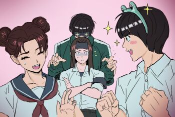 +_+ 1girl 3boys armband black_hair blunt_bangs blush_stickers bowl_cut brown_hair clenched_hands closed_eyes collared_shirt crossed_arms double_bun green_jacket grey_armband grey_headband grey_sailor_collar hair_bun headband hyuuga_neji jacket lodoae long_hair might_guy multiple_boys naruto_(series) neckerchief nervous_smile open_mouth pink_background red_neckerchief rock_lee sailor_collar school_uniform shaded_face shirt short_hair short_sleeves single_blush_sticker smile sparkle sweatdrop tenten_(naruto) thick_eyebrows track_jacket upper_body white_shirt