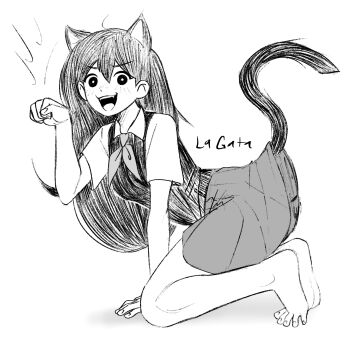 1girl :3 :d absurdres ahoge animal_ears arm_support bare_arms bare_legs barefoot breasts bright_pupils cabronpr cat_ears cat_girl cat_tail collared_shirt commentary double-parted_bangs english_commentary extra_ears fangs feet fingernails full_body greyscale hair_behind_ear hair_between_eyes hand_up hatching_(texture) highres kemonomimi_mode kneeling leaning_forward long_hair looking_at_viewer mari_(headspace)_(omori) mari_(omori) miniskirt monochrome neckerchief omori open_mouth paw_pose pleated_skirt shadow shirt short_sleeves simple_background skirt small_breasts smile solo spanish_text spread_toes straight_hair sweater_vest tail tareme teeth toenails toes tongue translated upper_teeth_only v-shaped_eyebrows very_long_hair white_background wide-eyed