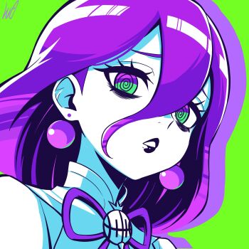 1girl @_@ absurdres commentary earrings green_background green_eyes hair_between_eyes hex_maniac_(pokemon) hex_maniac_(pokemon_legends:_z-a) highres jewelry limited_palette lughost multicolored_eyes nintendo parted_lips pokemon pokemon_legends:_z-a portrait profile purple_eyes purple_hair purple_lips solo two-tone_eyes